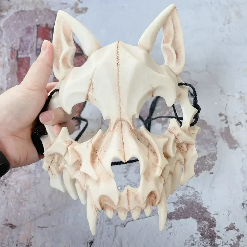 Máscara de calavera para fiesta, dientes largos, esqueleto de demonio, media cara, Lobo, dragón, Tigre, Houjuu Nue, máscara, accesorios para disfraz de Halloween