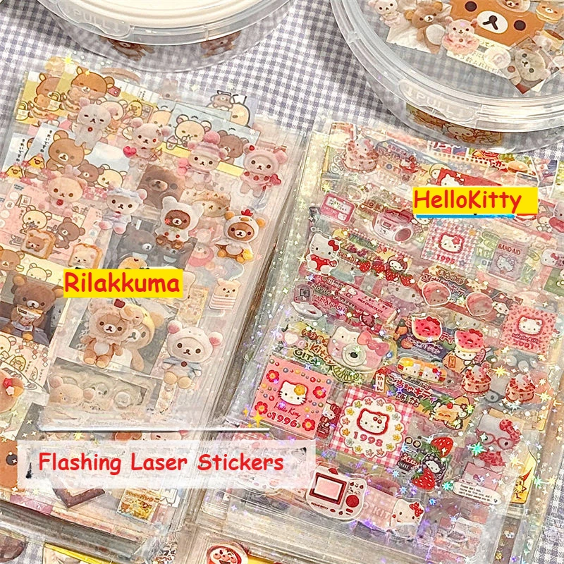 5 arkuszy Cartoon HelloKitty Rilakkuma naklejki Cartoon Anime wycinanie migające laserowe naklejki naklejki DIY podręczniki dekoracji