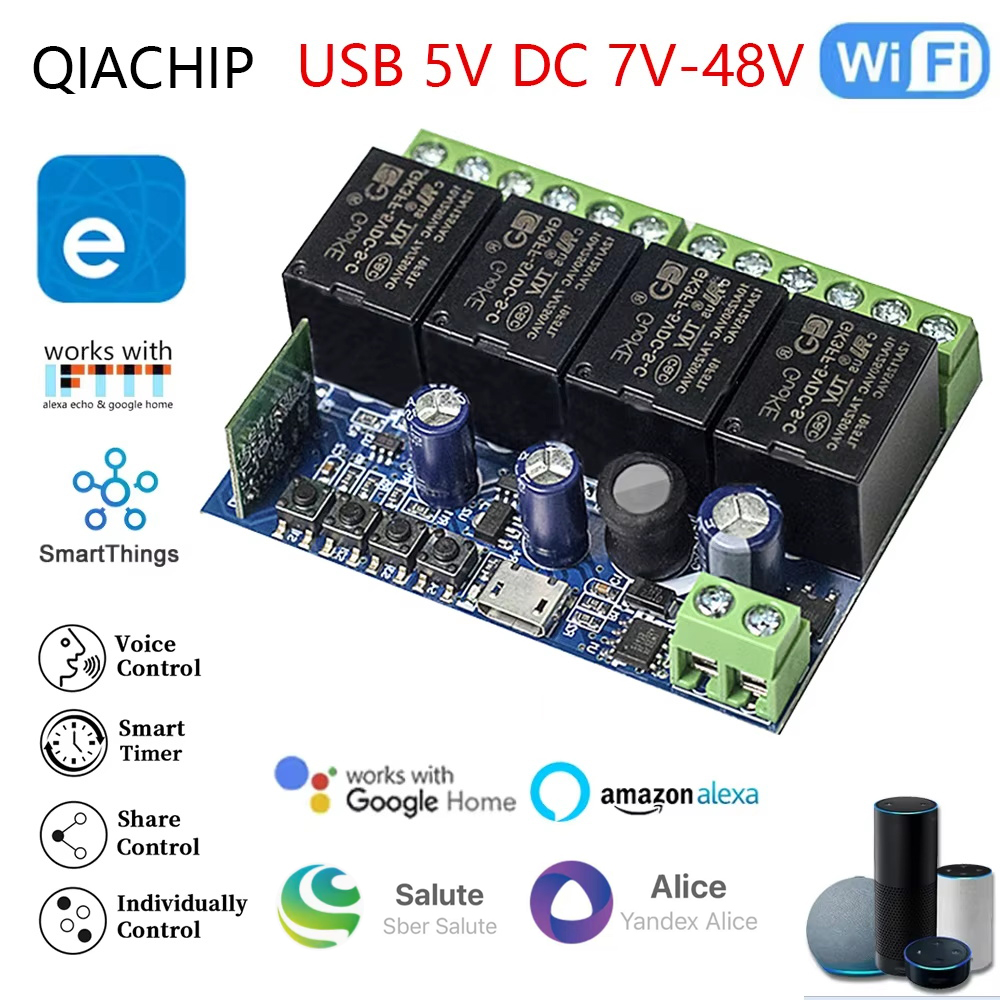 4CH Smart Wifi Switch Smart Relay Module DC 5V 12V 24V 48V Беспроводной переключатель Таймер Телефон Пульт дистанционного управления для EWeLink Google Home