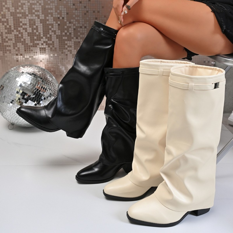 Women's Shoes New Pointed Toe Straight Glossy Medium Long Boots Large Size Chunky Heel Boots Women's Boots