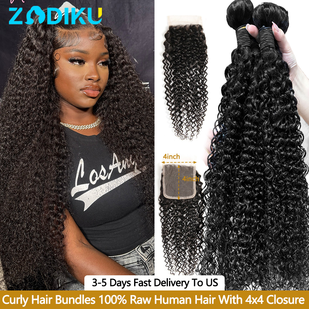 Kinky Curly Hair Bundles 100% Human Hair Raw Hair Bundles With 4X4 Closure Burmese Curly Hair Bundles Human Hair With Closure 3/4PCS 12-32Inch Soft Thick No Shedding Unprocessed Virgin Human Hair Bundles With Closure Hair Weave Extensions For Women