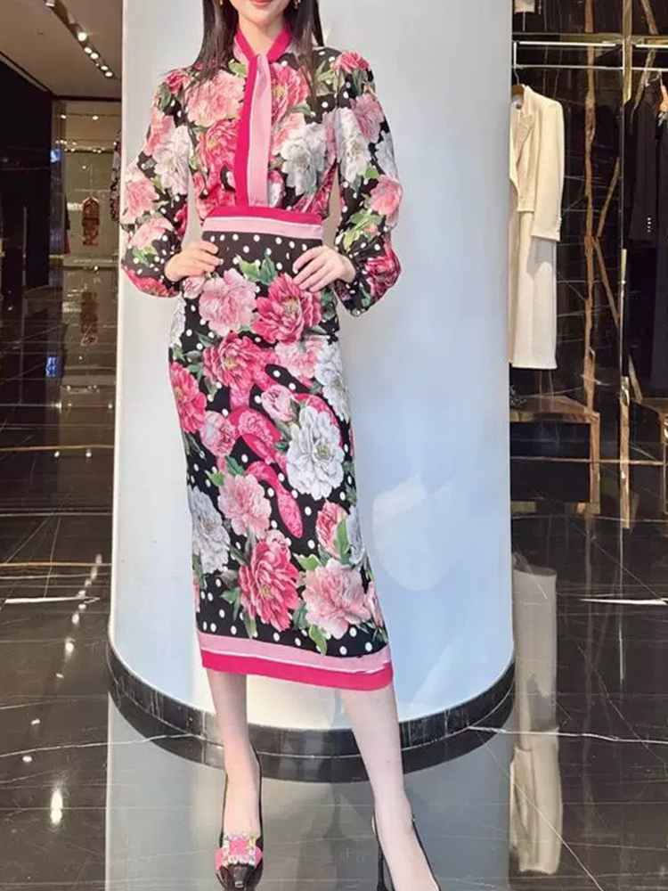 Camisa de manga larga con estampado elegante, top de primavera 2025, nueva falda ajustada a la cadera de cintura alta de dos piezas para mujer, traje de moda