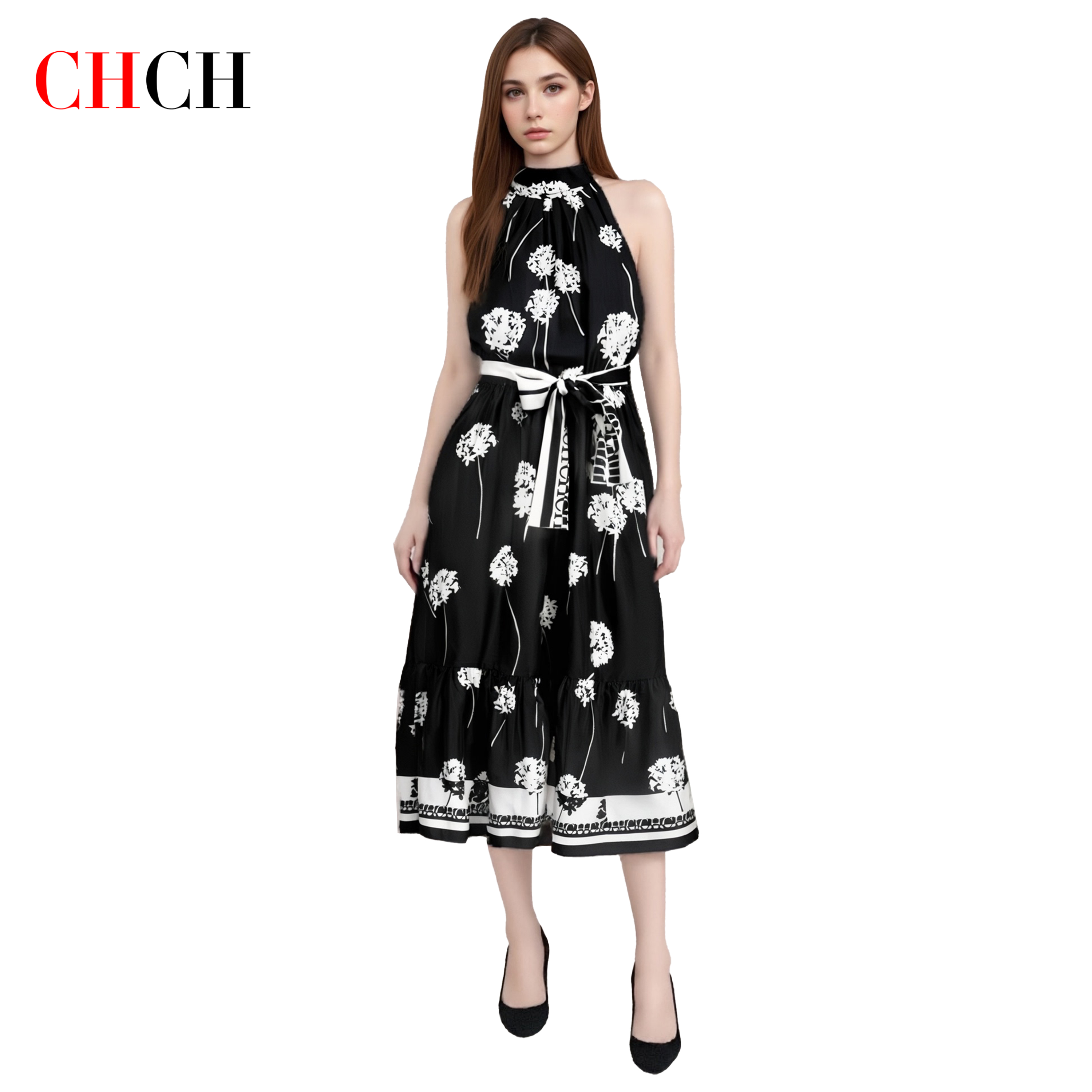 CHCH Damen Langes Kleid Sommer Neue Schwarz Gedruckt Sexy Hängenden Kragen Kleid Casual Party