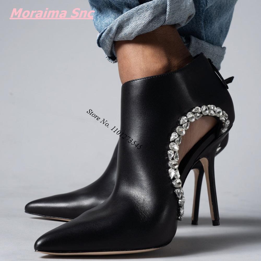 Autumn New Women Concise Boots Luxury Brand Stiletto Diamond PointedToe Hollow Ankle Sexy Zipper Leather Fashion Office Shoes