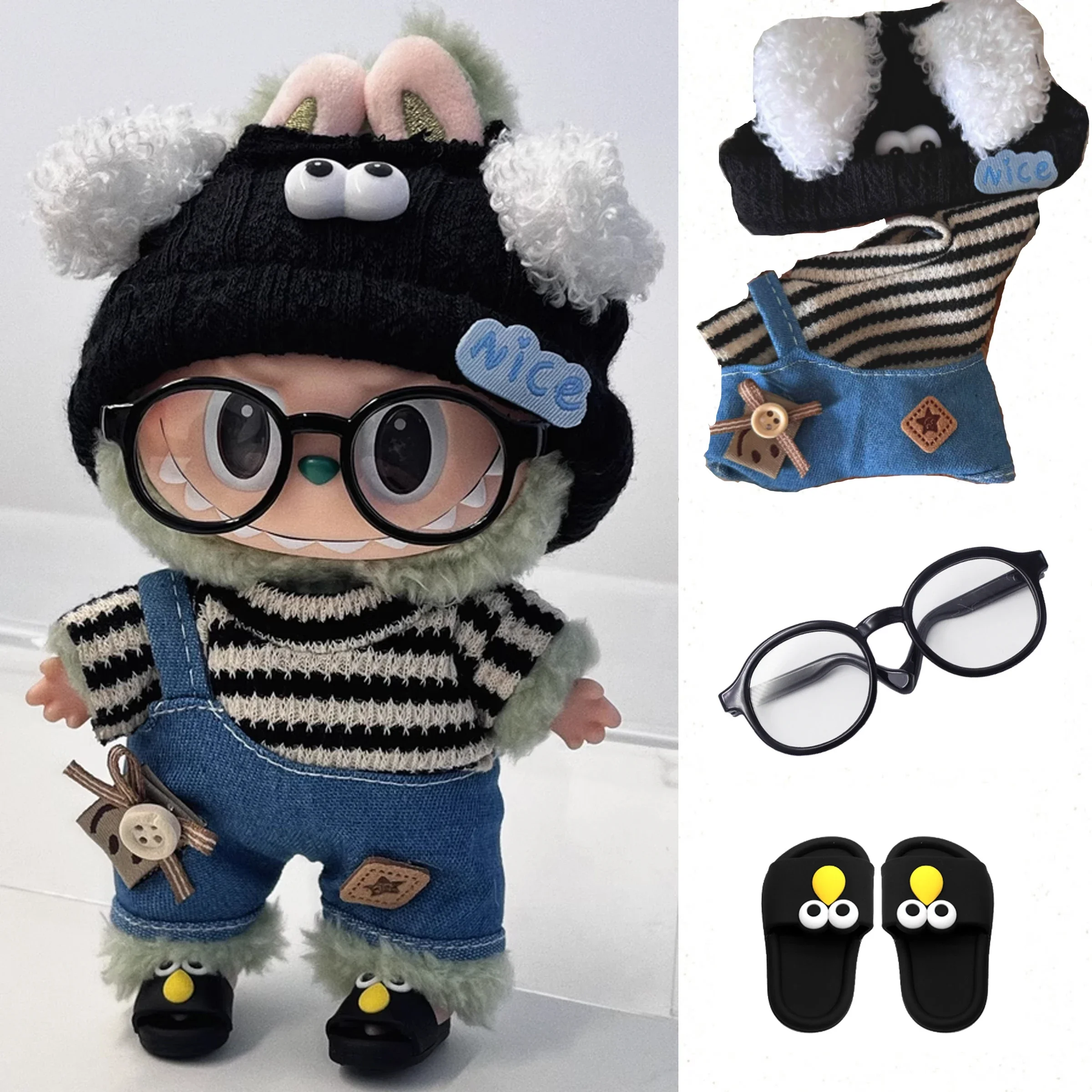 Ropa para Mini muñeca de 17cm, accesorios para Corea, Kpop Exo Labubu Idol V1 V2, suéter a rayas, monos, gafas, sombrero, ropa