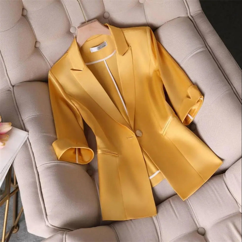 Jaqueta de cintura fina de cetim elástico feminino, Blazer Joker, rede de verão, vermelho, manga cortada, terno profissional cor pura