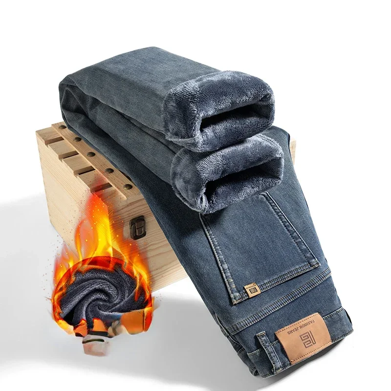 2025, neu im Winter, Fleece, warme Jeans, dick, gerade, schmale Passform, Stretch, Modemarke, lässige Jeans, Baggy, Vintage