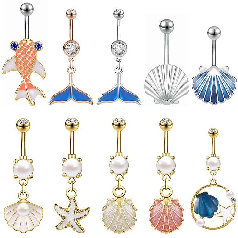 AOEDEJ 14G 1PC Conchiglia Anello Penetrante Pancia Stella Marina di Cristallo Anello All'ombelico Perla Gioielli Penetranti Del Corpo Donne di Estate Anello Pancia Conchiglia