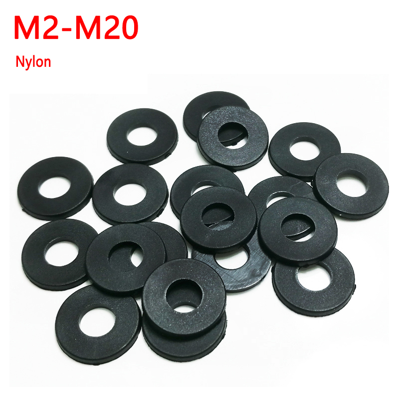 50/100/200/500 pièces M2 M2.5 M3 M4 M5 M6 M8 - M20 rondelle plate en Nylon noir entretoise d'avion anneau de joint d'isolation pour boulon à vis