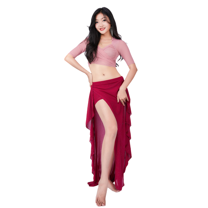 Traje de danza del vientre para mujer, Top Sexy de manga corta, ropa de actuación para adultos, falda de gasa práctica profesional, traje de espectáculo de verano
