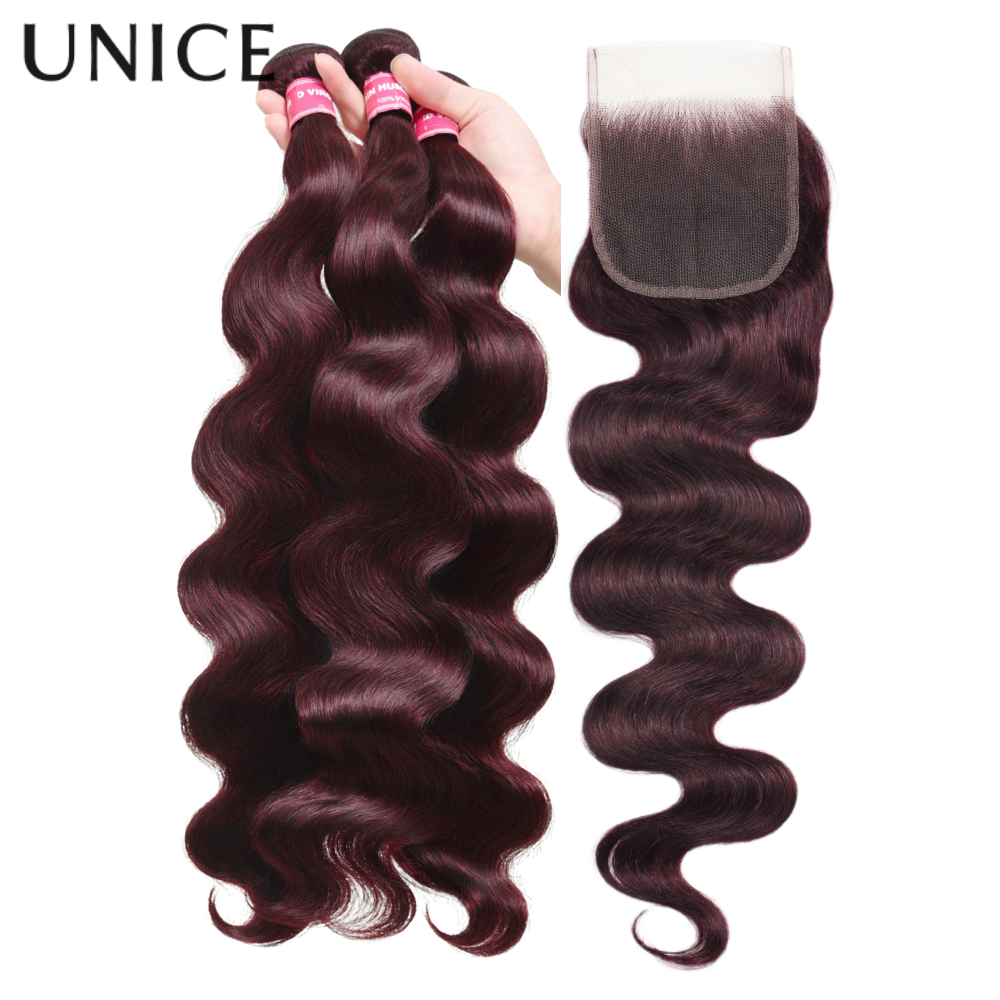 UNICE Hair Black Cherry Body Wave cheveux humains 2/3/4 paquets avec fermeture à lacets 4x4