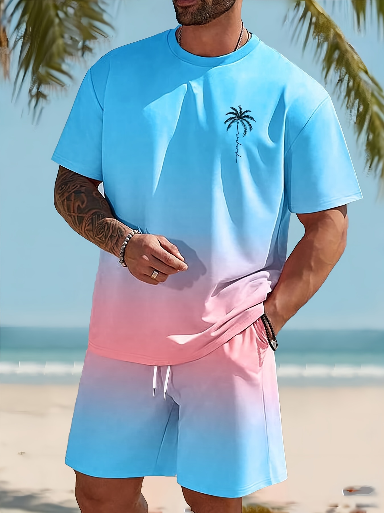 Camiseta de Estilo Hawaiano para hombre, pantalones de playa, traje diario, informal, elegante, Top de manga corta para hombre, vacaciones al aire libre, pantalón corto Atlético