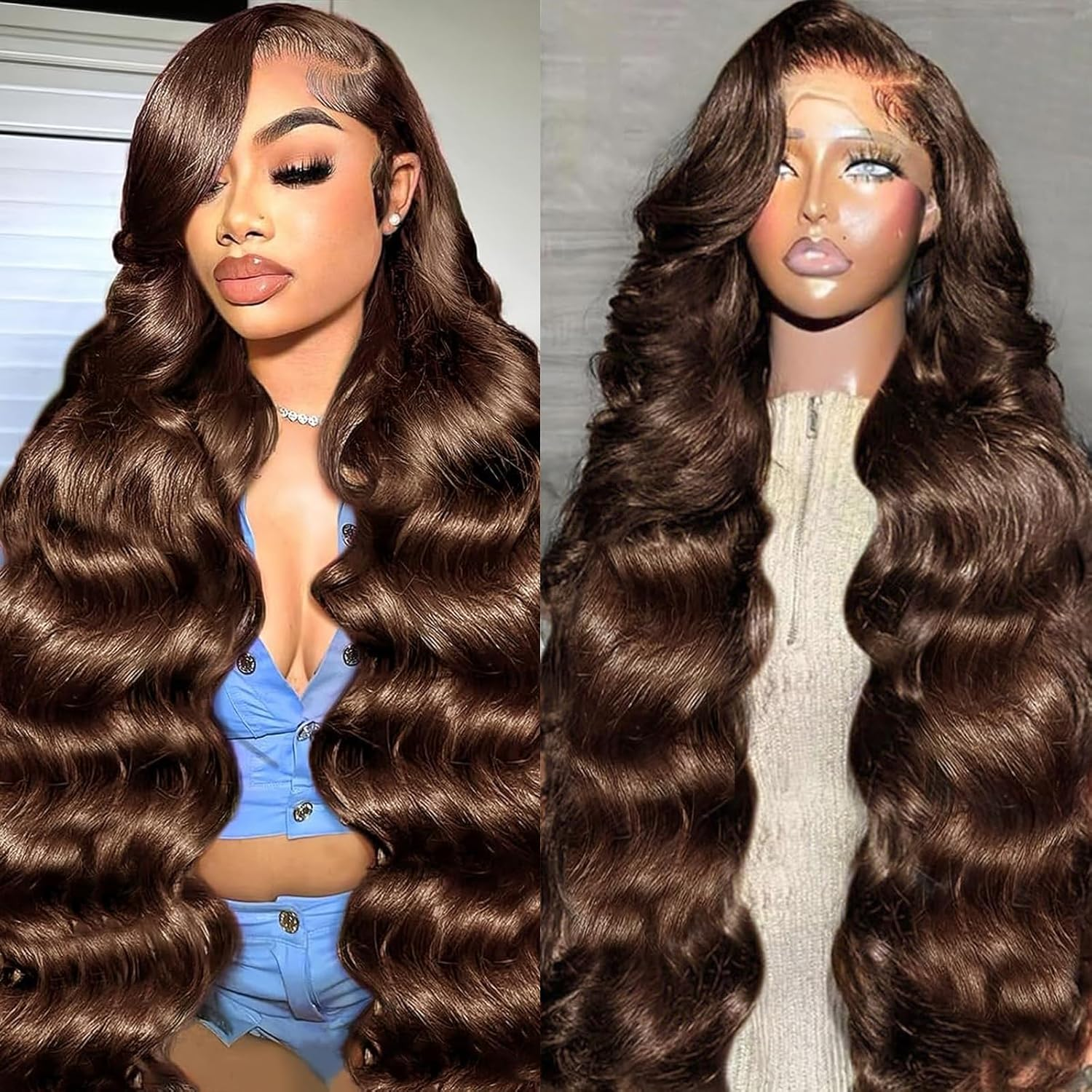 Peruka Body Wave 46 cali # Peruki z włosów Remy w kolorze czekoladowego brązu, 13x4 13x6 HD Transparent Lace Frontal, wstępnie wyskubane, z ludzkich włosów dla kobiet.
