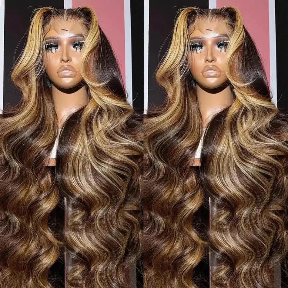 Peruki z naturalnych włosów, 46 cali, 13x6, transparentna pełna koronka z przodu, gęstość 200, kolorowe pasemka P4/27, falowane, 13x4 HD Lace Front Wigs