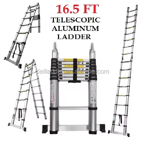 Escalera Telescópica Doble de Aluminio de 5 Metros, Estándar Europeo, Tipo A, Portátil, de Desbloqueo Rápido, para Exteriores
