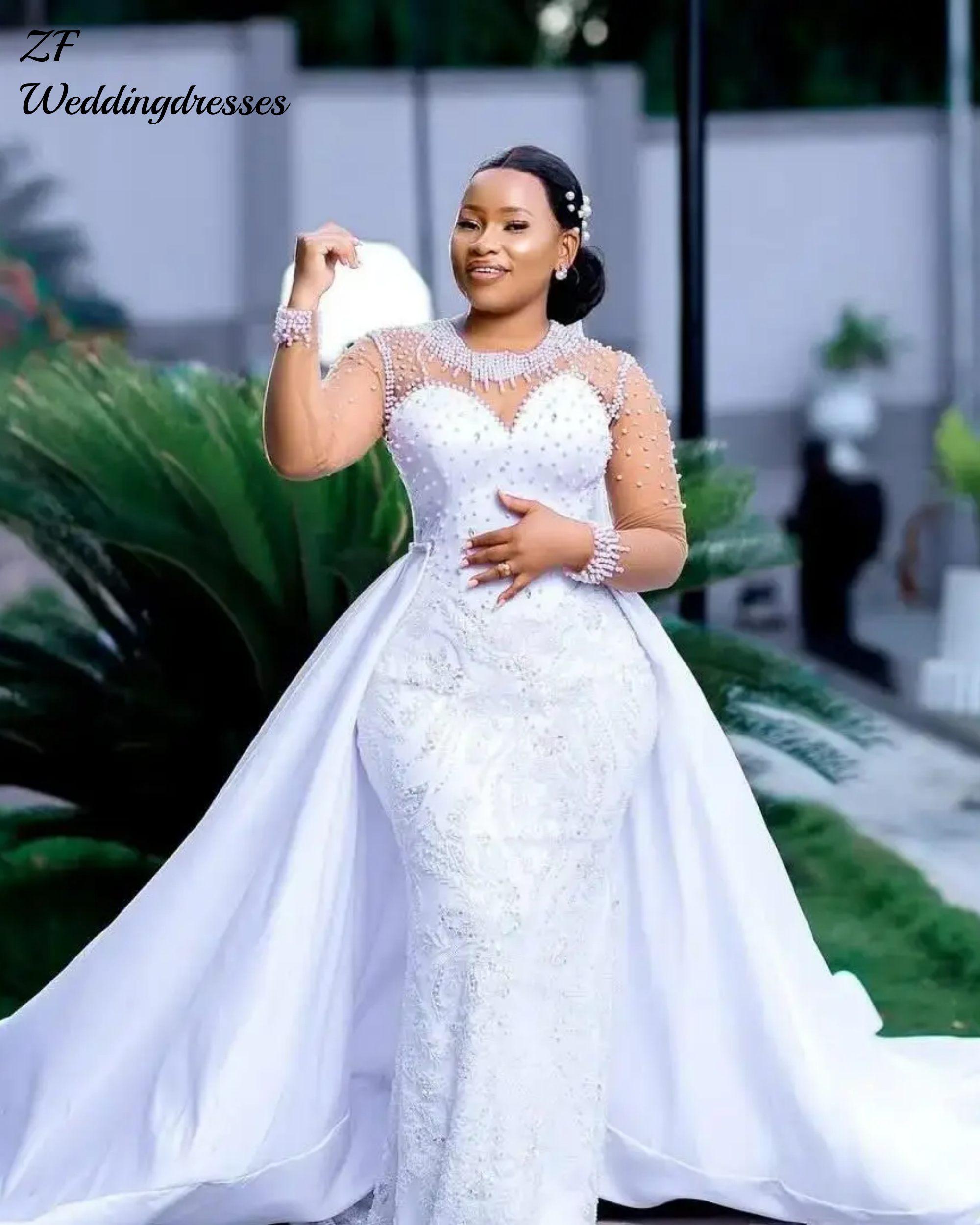 Vestido de novia africano personalizado con cuello redondo, perlas brillantes, sirena, vestido de novia de manga larga con falda extraíble