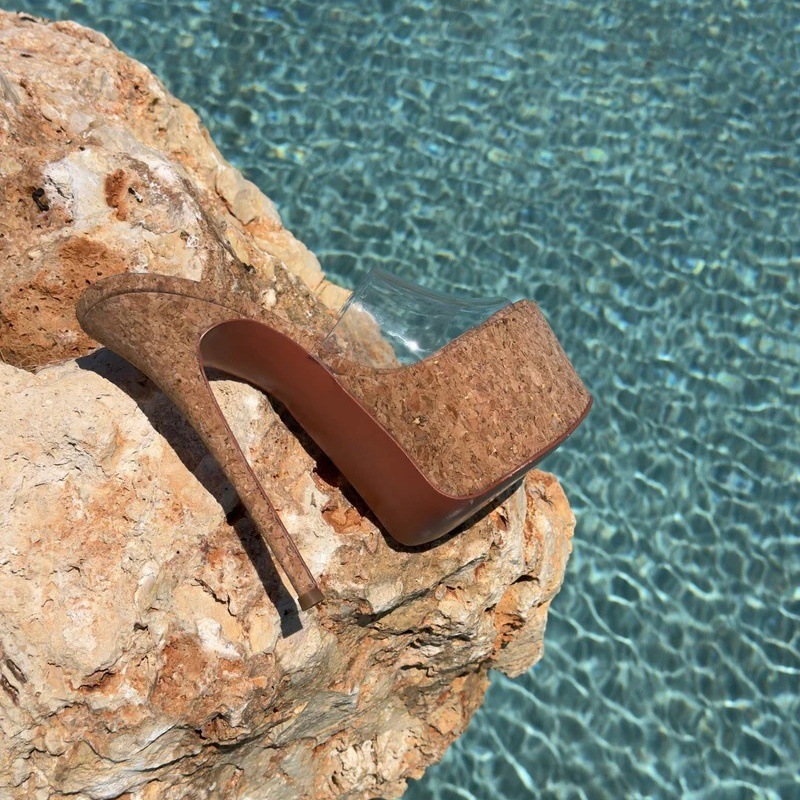 Nouvelles sandales mules d'été pour femme à plateforme texturée en liège, bout pointu, bride unique en PVC, talon fin, à enfiler, style plage