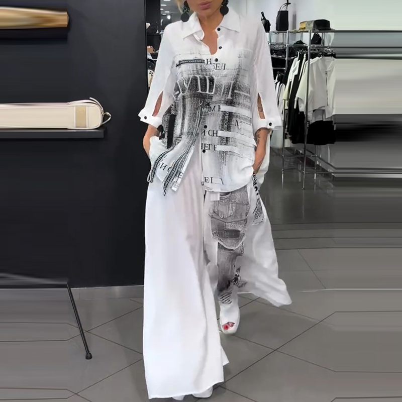 Vintage-Print Zweiteiliges Set 2026 Frühling Langarm-Knopfhemd & Weite Hose Damen-Anzug Lässiges Revers Büro-Outfit