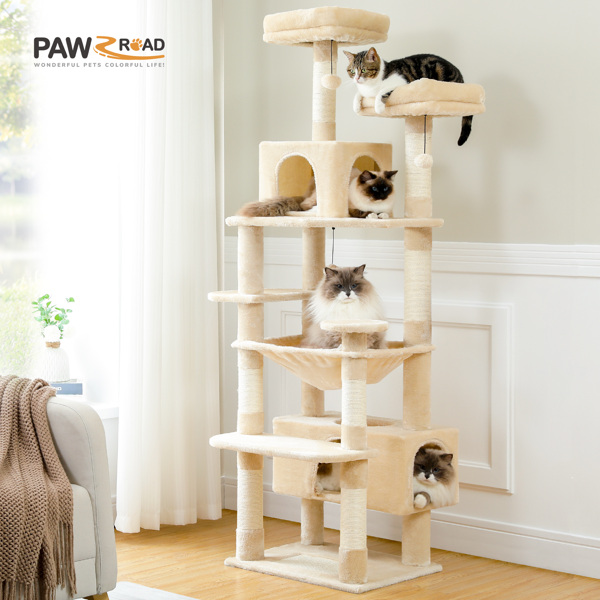 Torre de árvore para gatos de vários níveis com postes e prancha, rede, condomínio para gatos, poleiro superior espaçoso, bolas penduradas para gatos internos