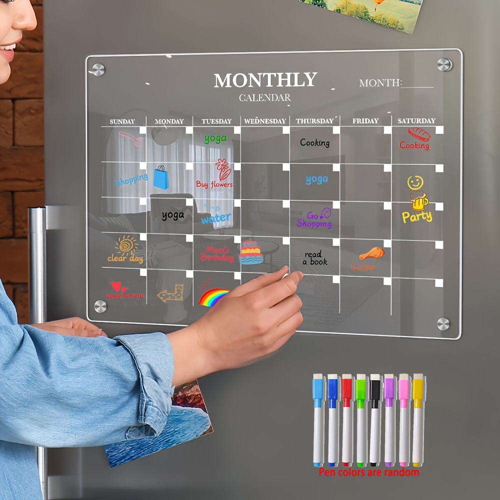 Calendrier magnétique effaçable à sec en acrylique, planificateur transparent pour réfrigérateur, organisateur de cuisine idéal pour la maison et le bureau avec marqueur inclus