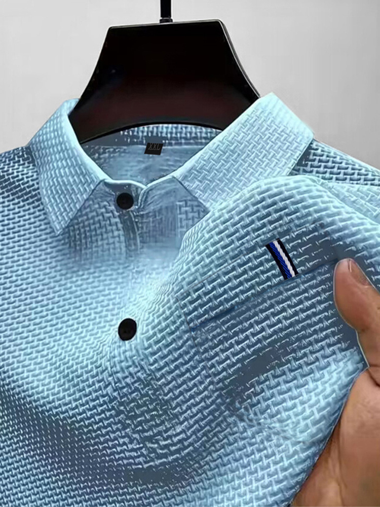 Camiseta polo masculina de manga curta com lapela de seda gelada de verão com bolsos, top masculino