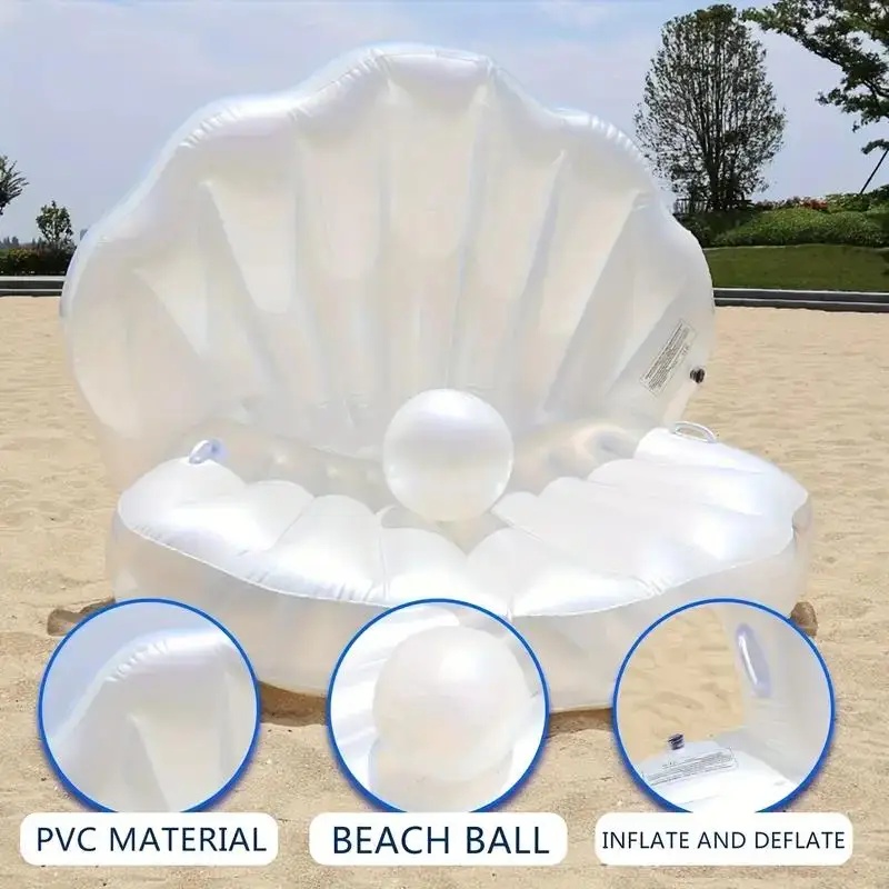 Flotador inflable gigante de PVC blanco con forma de concha de almeja, con bola de perlas, para piscina, playa y agua.