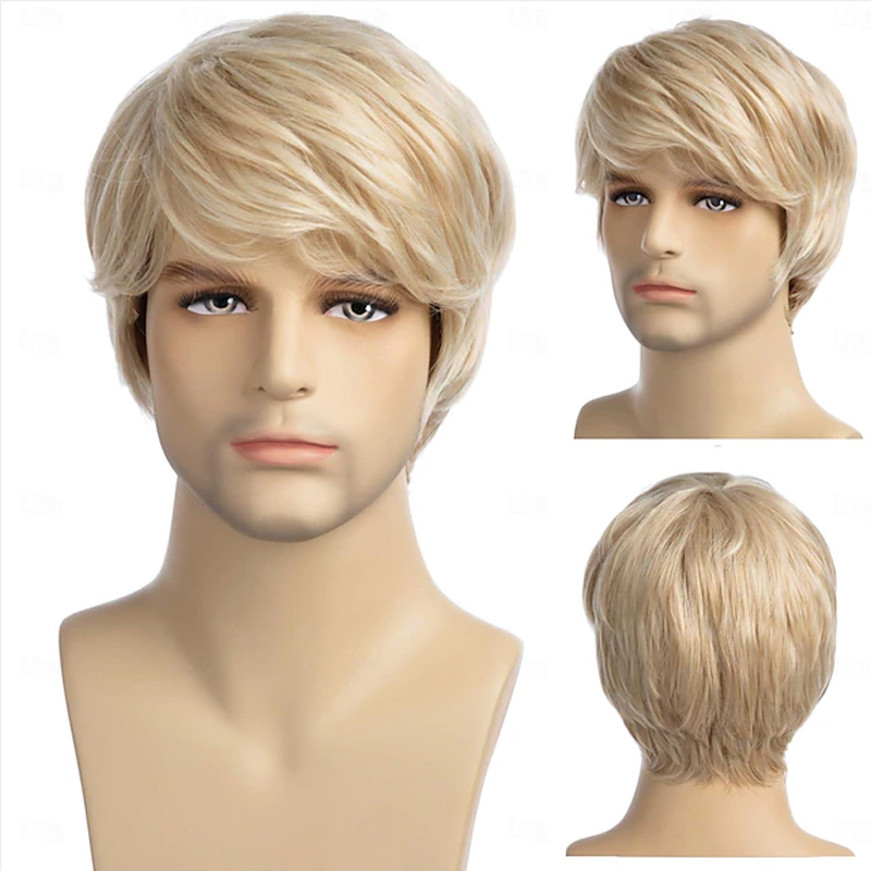 Hairjoy peruca masculina curta loira peruca curta em camadas de cabelo sintético para cosplay masculino anime peruca de halloween