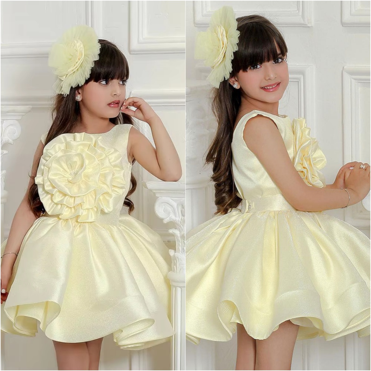 Robe fleurie jaune pour bébé fille, tenue de cérémonie pour séance photo, première communion, longueur aux genoux, motif floral 3D