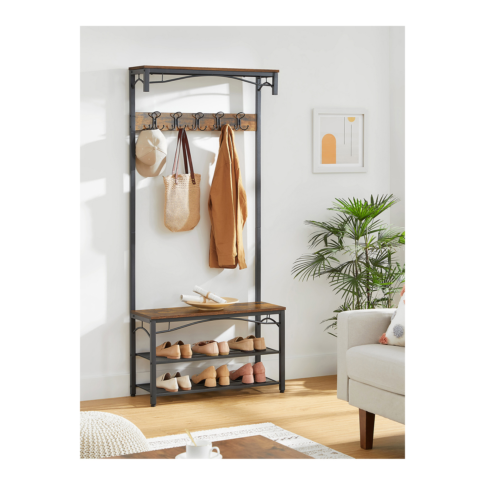 Vasagle Kapstok, Gangkast, Met Bovenbord, Schoenenrek, Bank En 5 Dubbele Haken, Metalen Frame, 80X32X178.8 Cm
