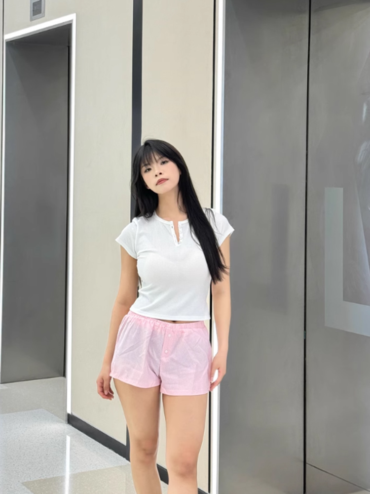 Pantalones cortos informales con estampado de rayas para mujer, cintura elástica, parte inferior con botones, ropa de calle, pantalones cortos sueltos básicos Y2K elegantes