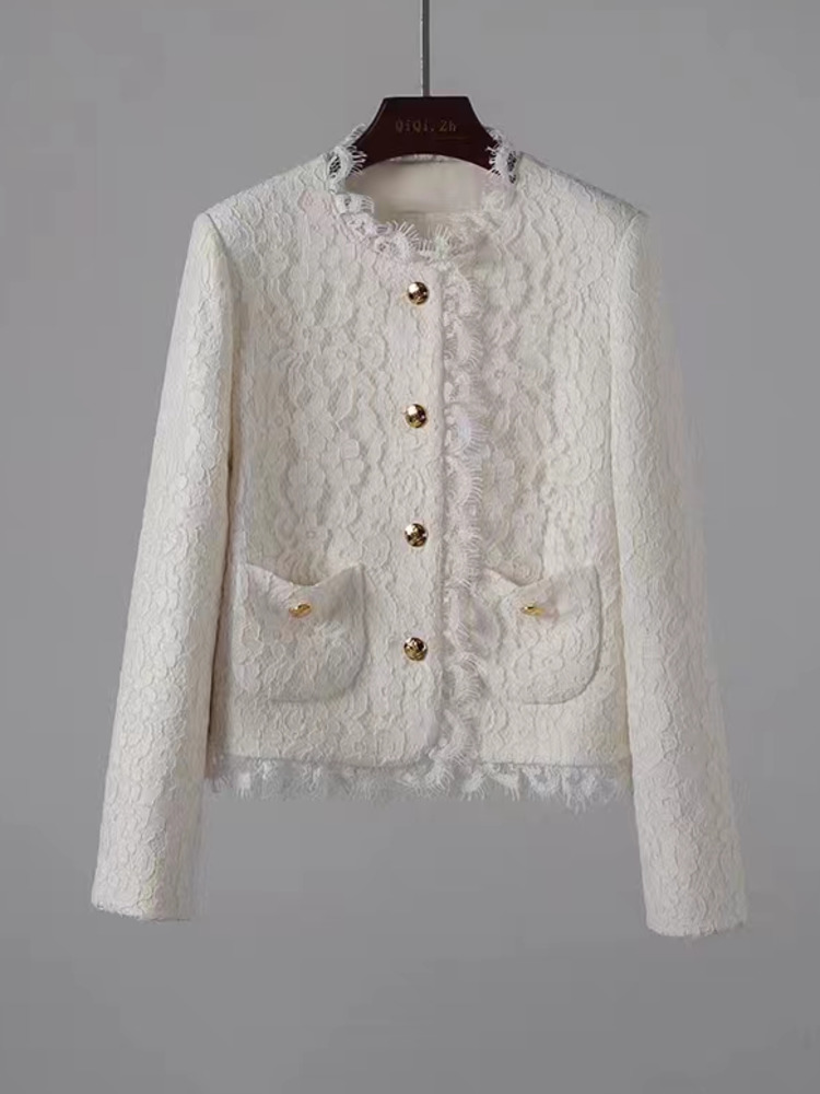 Kanten Jasje Jas Vrijetijdskleding Dames Elegante Koreaanse Mode Single Breasted O-Hals Korte Dames Jasje Outwear Streetwear