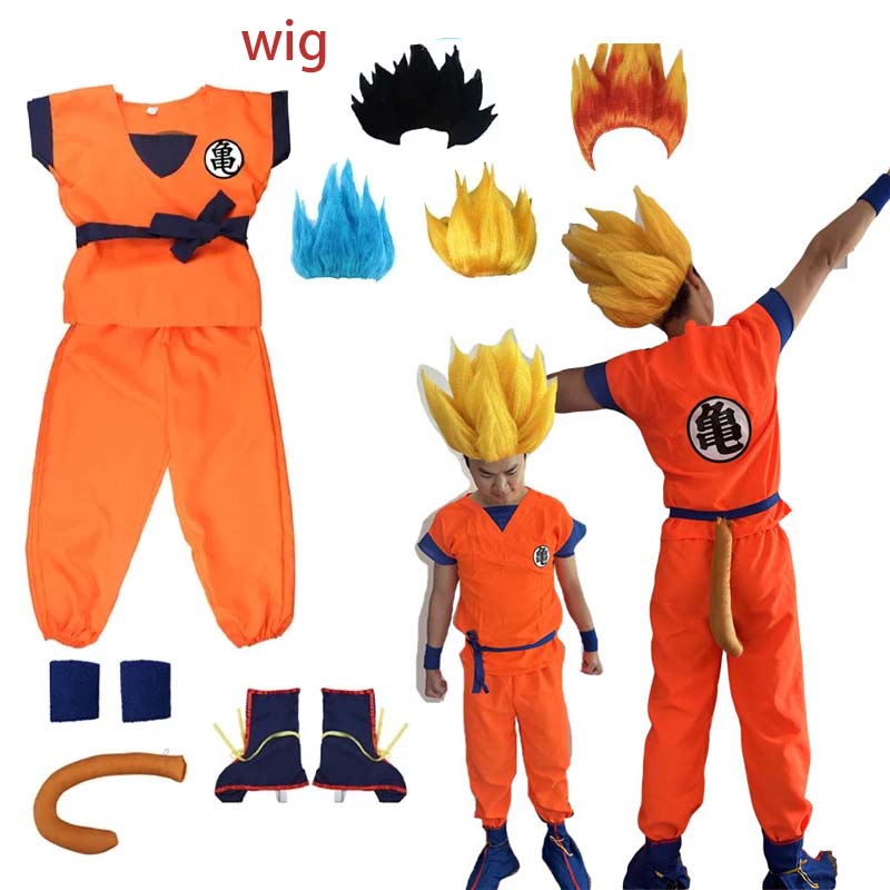 Cosplay anime crianças son goku traje anime cosplay herói uniforme peruca carnaval novo