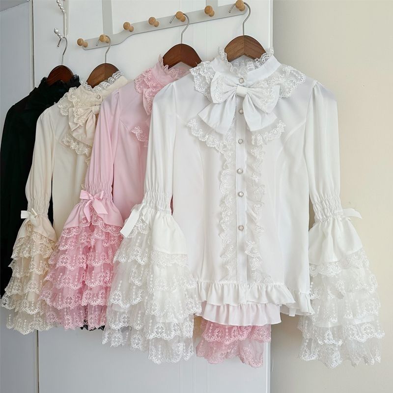 Gothic & Sweet Lolita Shirt – Langarm-Rüschenbluse für JSK-Kleider, Kawaii-Puppen-Spitzenoberteil mit Puffärmeln in Rosa/Weiß