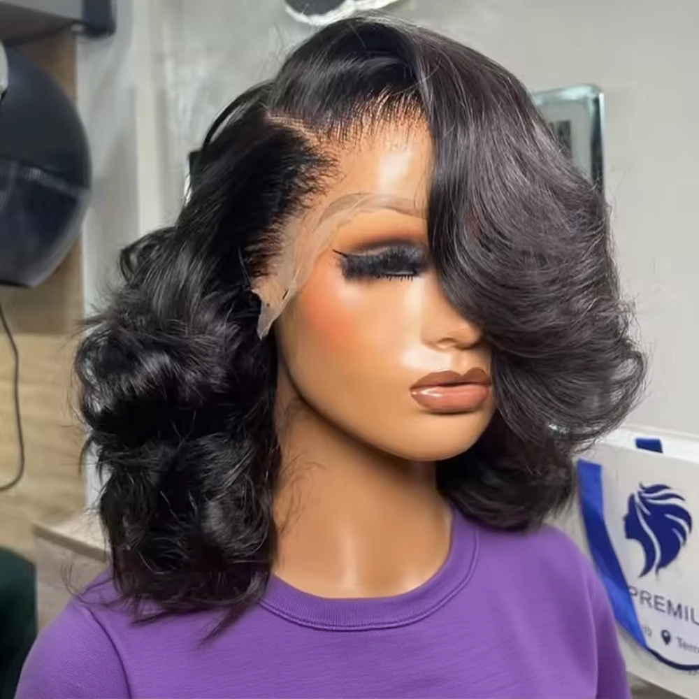 Perruques sans colle HD 7x5 à densité 220% prêtes à porter, 16 pouces, ondulées, coupe courte bob, avec dentelle frontale transparente 13x4, en cheveux humains