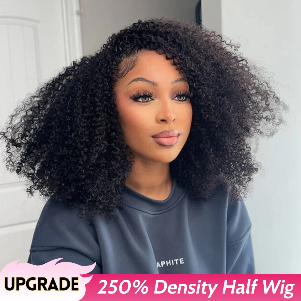 ISEE Haar Half Pruiken 250 dichtheid Afro Krullend Half Pruiken Menselijk Haar Upgrade 3 IN 1 Half Pruik Met Trekkoord