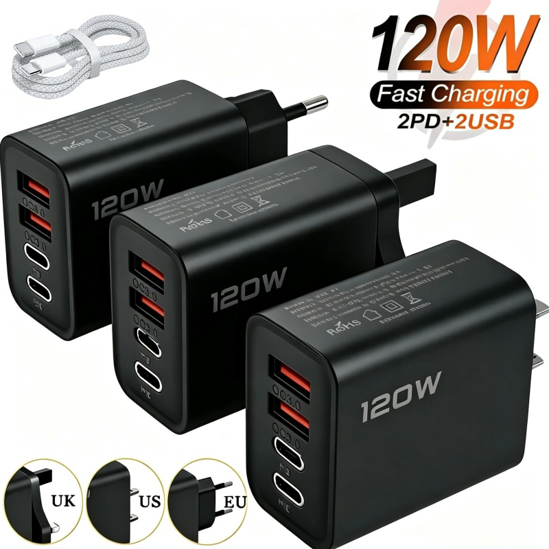 Chargeur USB 120W à 4 ports, adaptateur de charge rapide pour téléphone, câble de Type C pour iPhone Samsung Xiaomi, prise murale EU/US/UK