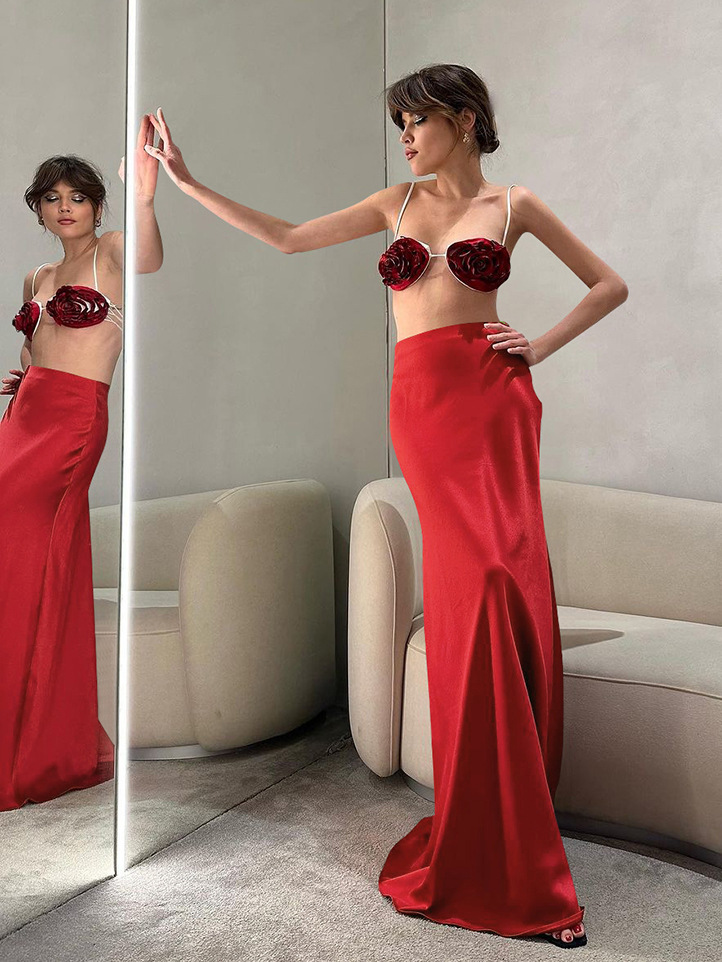 Jupes décontractées en satin rouge pour femmes, jupe maxi taille haute élégante, jupe soyeuse monochrome simple, vêtements féminins, 2024