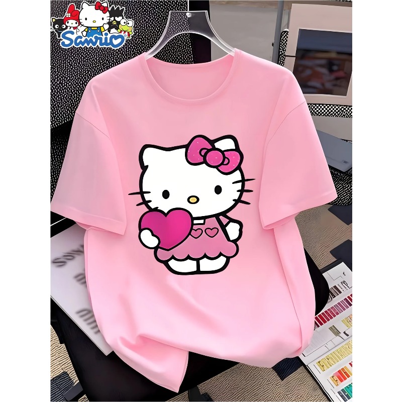 Le nouveau design Hello Kitty est un t-shirt mignon à motif de dessin animé, adapté au style décontracté et sportif, t-shirt en coton à col rond pour femmes, style Y2K.