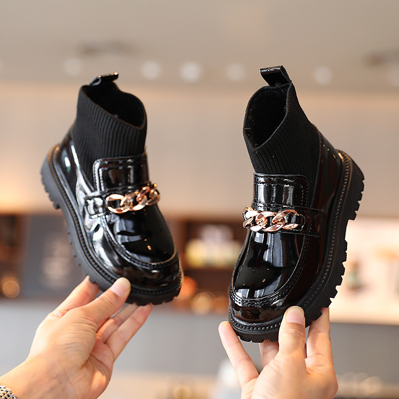 Meninas botas de couro correntes de metal voando tecido costura botas de princesa crianças couro sola macia botas crianças meias botas moda