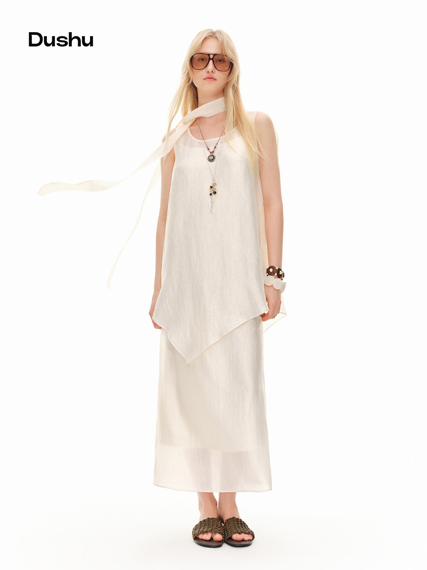 DUSHU 2026 Zomer Lichtgewicht Sheer Mesh Overlay & Slipdress, Ademend Tweedelig Set voor Rustige Luxe Zomer, Inclusieve Maatvoering