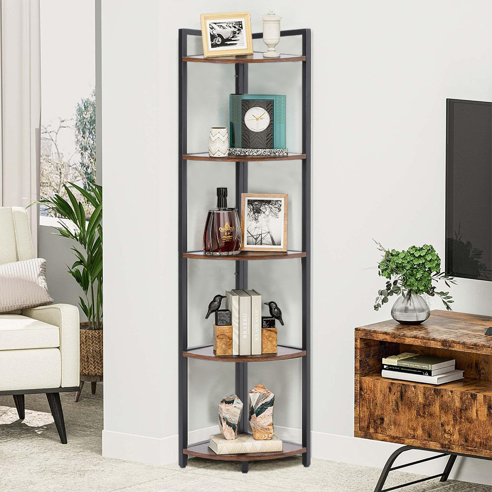 Estante de libros de esquina marrón de 5 niveles, exhibición de almacenamiento para el hogar para dormitorio y oficina, 30cm W x 30cm D x 150cm H