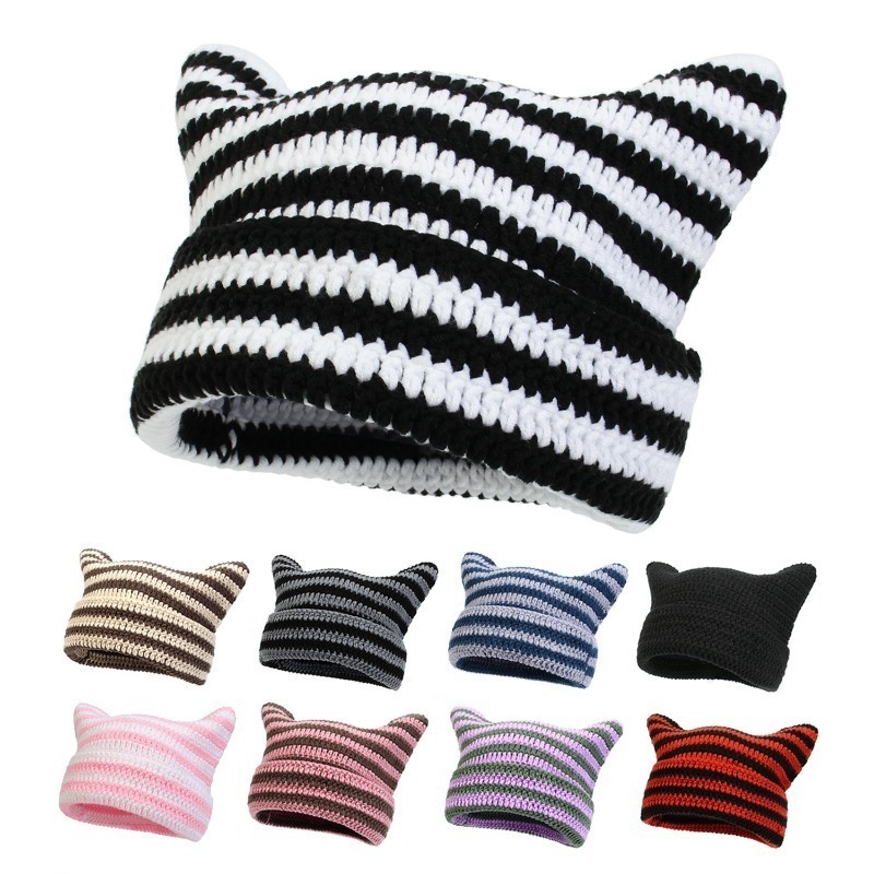 Nouveau japonais Streetwear Harajuku bonnet petit diable rayé tricoté chapeau femmes filles automne hiver mignon chat oreilles casquette