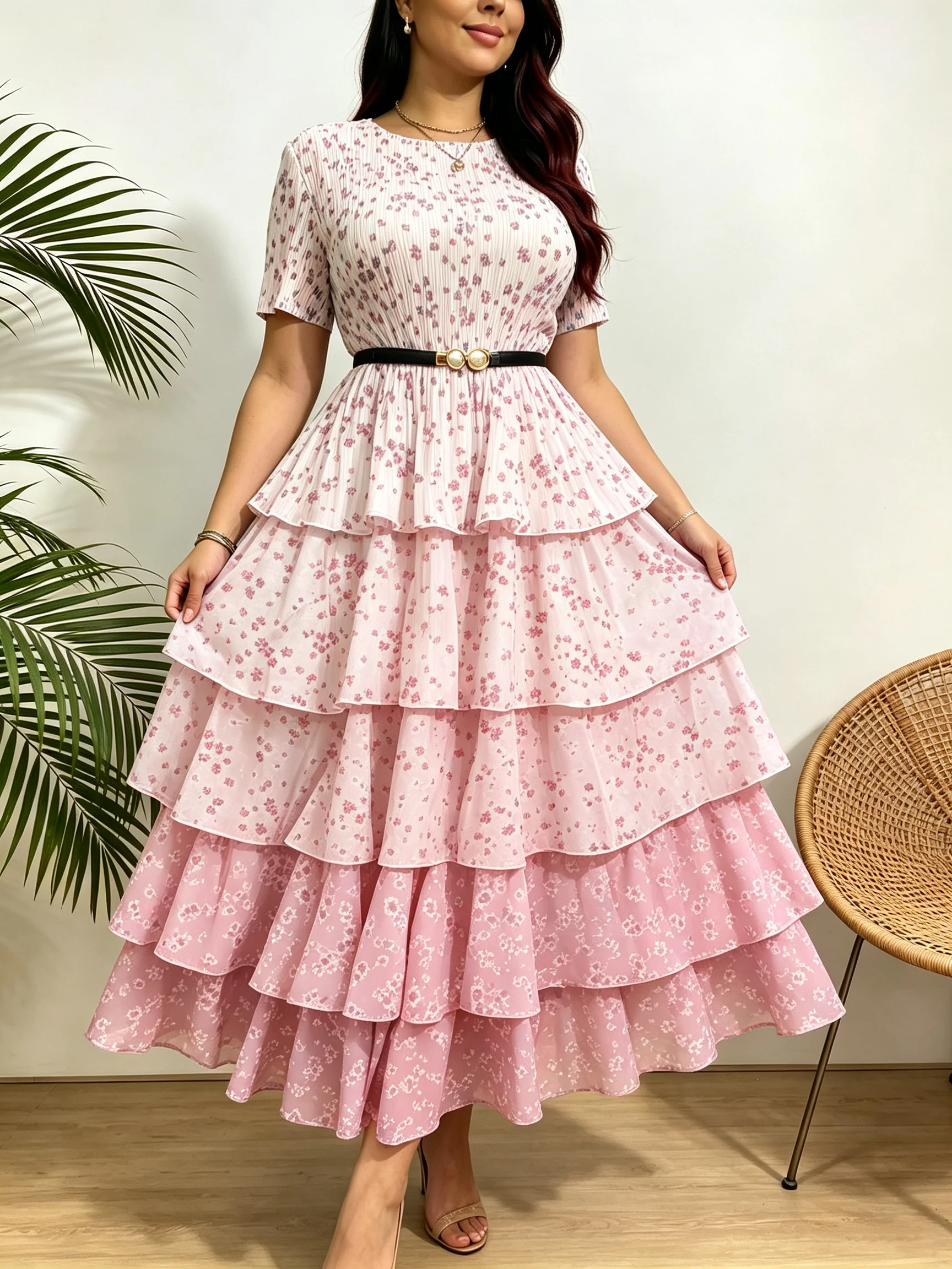 Vestido largo floral de mujer con capas, degradado, con cinturón, manga corta, volantes, elegante para fiesta de noche o casual