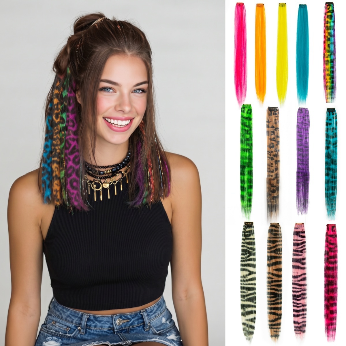 Juego de 2 Extensiones de Cabello Coloridas con Estampado de Leopardo y Cebra, Clip para el Cabello, Sintético, 12 Pulgadas, Accesorio de Peluca para Fanáticos del Fútbol