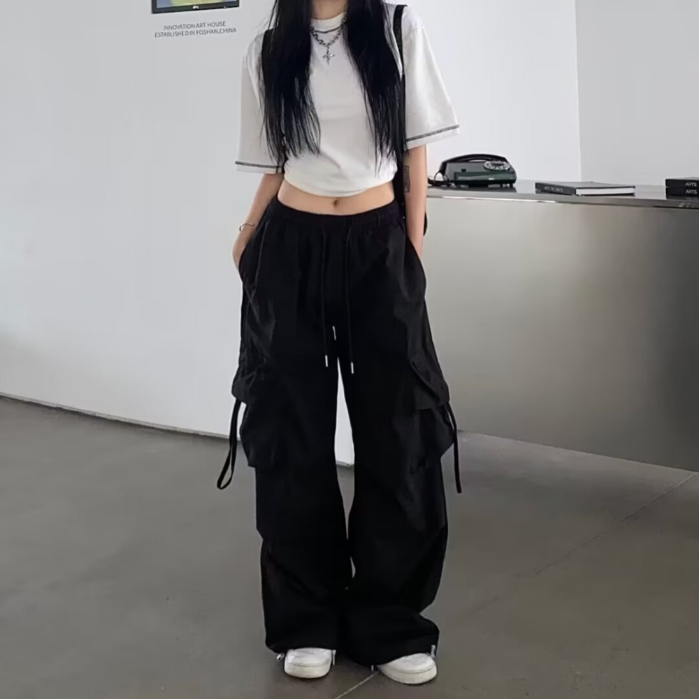 2025 novo vintage solto calças de perna larga high street y2k retro hip hop sólido sweatpant casual feminino carga comute jogger calças