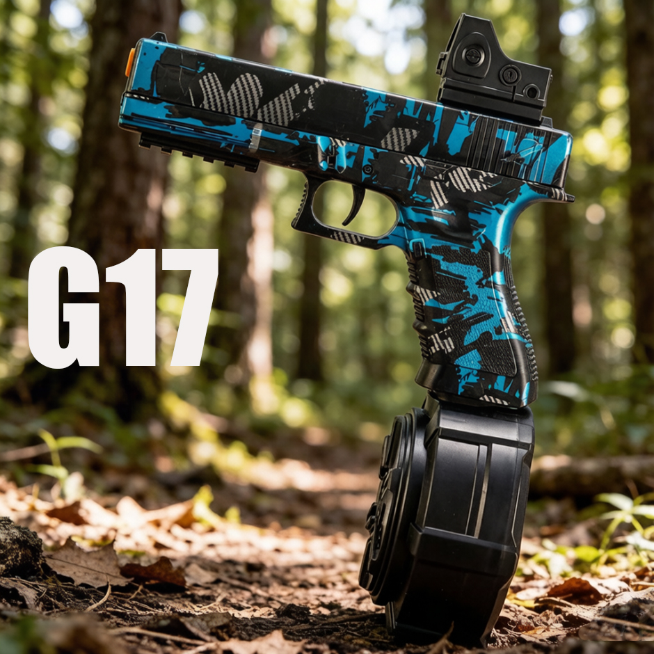 Электрический автоматический игрушечный пистолет G17, стреляет гелевыми пулями 7-8 мм, возможна ручная стрельба поштучно, в комплекте с магазином и пулями, аккумулятор 3.7В и USB-кабель для зарядки.