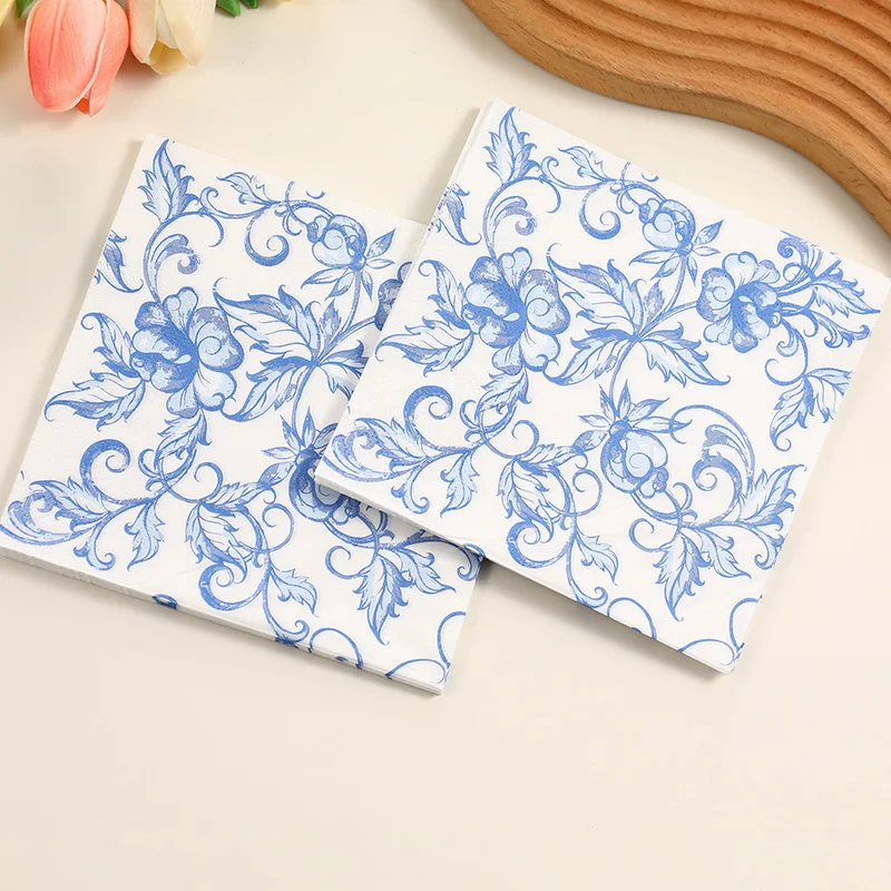 20pcs 33cm 2Layer Blue Flower Printed Napkins Chinese Style Blue and White Party Decoration Paper DIY Decoupage Paper