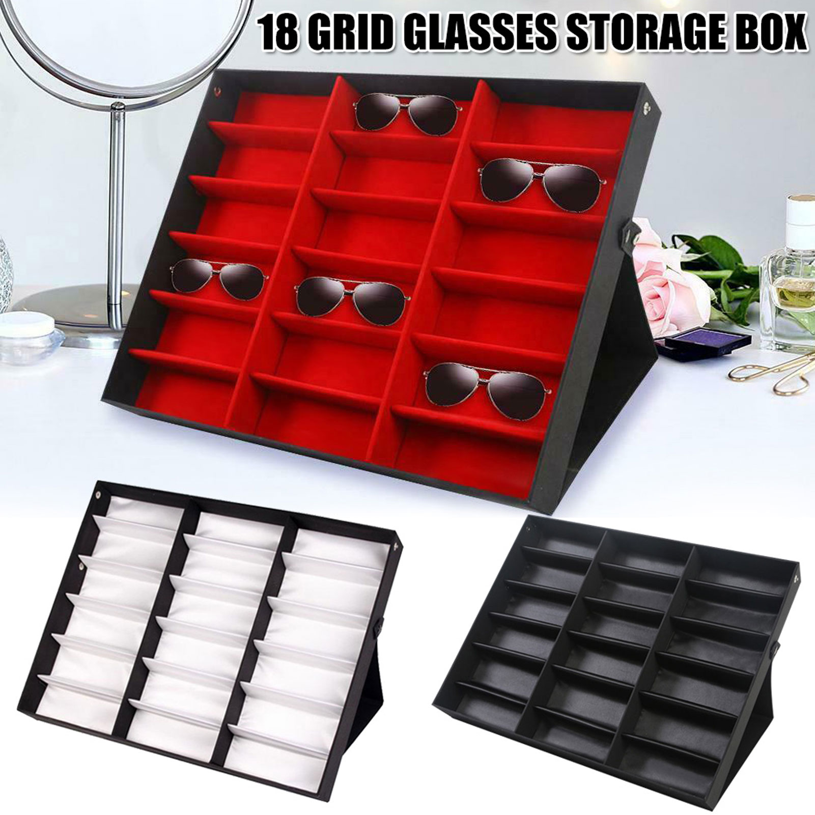 Soporte de exhibición para gafas con 18 ranuras, estuche de almacenamiento, organizador, caja para gafas de sol, bandeja con rejilla de pie inclinable, cajas para gafas