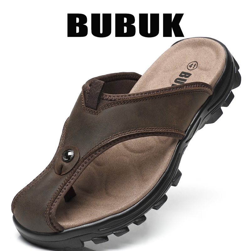 Bubuk eerste laag sportpantoffels van rundleer, echt leren heren-slippers, casual buitensandalen met ondersteuning van de voetboog, strandpantoffels voor buiten