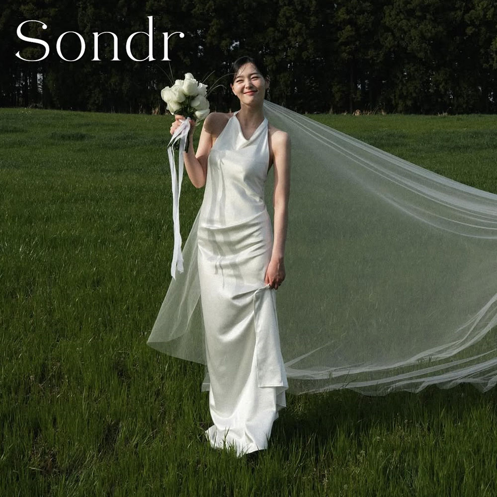 Sondr Maßgeschneiderte Elegante Neckholder Koreanische Hochzeitskleider Fotoshooting Satin Lang Einfach Ärmellos Brautkleid Abendkleid